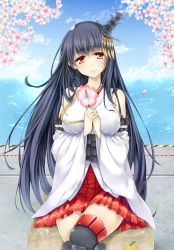 Rule 34 | 10s, 1girl, black hair, breasts, cherry blossoms, detached sleeves, flower, fusou (kancolle), hair ornament, japanese clothes, kantai collection, large breasts, long hair, nontraditional miko, personification, rayn, red eyes, solo, yamashiro (kancolle)