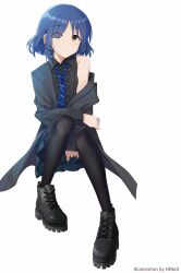 Rule 34 | 1girl, absurdres, ankle boots, black pantyhose, black shirt, blue hair, blue lips, blue necktie, blue skirt, blush, bocchi the rock!, boots, center frills, coat, collared shirt, cross-laced footwear, frills, full body, highres, hmax, jewelry, lace-up boots, looking at viewer, mole, mole under eye, necktie, pantyhose, parted bangs, parted lips, ring, shirt, short hair, simple background, single bare shoulder, skirt, sleeveless, sleeveless shirt, solo, striped, striped coat, thighband pantyhose, white background, yamada ryo, yellow eyes