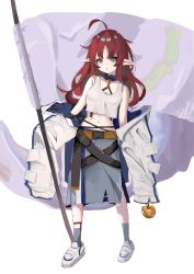 Rule 34 | 1girl, :o, absurdres, ahoge, apple, arknights, belt buckle, breasts, buckle, ear piercing, flag, food, fruit, full body, golden apple, green eyes, grey skirt, grey socks, highres, holding, holding flag, holding food, holding fruit, jacket, long hair, long skirt, midriff, myrtle (arknights), navel, nui (nuinui0300), off shoulder, open clothes, open jacket, piercing, pointy ears, red hair, shoes, simple background, skirt, sleeves past fingers, sleeves past wrists, small breasts, socks, solo, standing, tachi-e, tank top, wavy hair, white background, white footwear, white jacket, white tank top