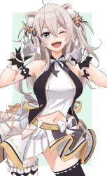 Rule 34 | 1girl, 5to rai, ;d, ahoge, animal ears, arm strap, black ribbon, black thighhighs, blush, bow, breasts, claw pose, commentary, contrapposto, cowboy shot, eyebrows hidden by hair, fangs, frills, gloves, gold belt, green background, grey eyes, grey hair, hair between eyes, hair ornament, hair ribbon, highres, hololive, idol, large bow, layered skirt, lion ears, long hair, looking at viewer, medium breasts, midriff, miniskirt, navel, official alternate costume, one eye closed, open mouth, pleated skirt, pom pom (clothes), ribbon, shirt, shishiro botan, sidelocks, simple background, single thighhigh, skirt, sleeveless, sleeveless shirt, smile, solo, standing, teeth, thigh strap, thighhighs, upper teeth only, virtual youtuber, white background, white bow, white gloves, white ribbon, white shirt, white skirt, wrist cuffs