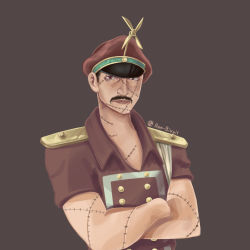 Rule 34 | 1boy, artist name, closed mouth, crossed arms, facial hair, genzo (one piece), ham biscuit, hat, highres, looking at viewer, mustache, non-web source, one piece, pinwheel, scar, scar across eye, short hair, solo, uniform