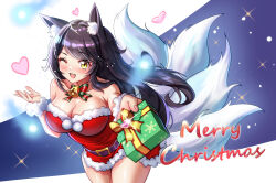 Rule 34 | 1girl, absurdres, ahoge, ahri (league of legends), animal ear fluff, animal ears, bell, blush, box, breasts, christmas, cleavage, collarbone, fang, fox ears, fox tail, fur, fur trim, gift, gift box, heart, highres, holding, holding gift, large breasts, league of legends, long hair, looking at viewer, merry christmas, multiple tails, neck bell, one eye closed, open mouth, saylamars, solo, tail, very long hair, yellow eyes