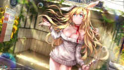 Rule 34 | 1girl, animal ears, artist name, bare shoulders, blonde hair, blue eyes, blush, breasts, candy, candy cane, cleavage, closed mouth, collarbone, commission, food, highres, kyjsogom, large breasts, long hair, looking away, looking up, off shoulder, original, pixiv username, rabbit ears, solo, sweater, water drop