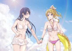 Rule 34 | 2girls, ayase eli, bikini, blonde hair, blue eyes, blue hair, blush, commentary request, cowboy shot, holding hands, innertube, long hair, looking at another, love live!, love live! school idol project, multiple girls, ponytail, smile, sonoda umi, suito, swim ring, swimsuit, white bikini, yellow eyes