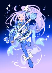 Rule 34 | 1girl, absurdres, blue dress, boots, brooch, commentary request, cure beat, dress, fingerless gloves, frilled dress, frills, gloves, gogeyama, guitar, hair ornament, highres, holding, holding guitar, holding instrument, instrument, jewelry, kurokawa eren, light blush, long hair, one eye closed, open mouth, parted bangs, ponytail, precure, puffy sleeves, purple hair, ribbon, side ponytail, simple background, solo, solo focus, suite precure, yellow eyes