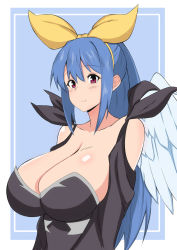 Rule 34 | 1girl, alternate breast size, angel wings, bare shoulders, black dress, blue background, blue hair, blush, border, bow, breasts, cleavage, closed mouth, collarbone, detached sleeves, dizzy (guilty gear), dress, fuuma (bangolga1), guilty gear, guilty gear 2, hair between eyes, hair bow, huge breasts, long hair, looking at viewer, mature female, monster girl, ponytail, red eyes, sidelocks, single wing, white border, wings, yellow bow
