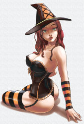 Rule 34 | 1girl, ass, bare shoulders, breasts, cleavage, corset, covered erect nipples, deneb rhobe, garter straps, green eyes, halloween, hat, large breasts, lipstick, long hair, looking at viewer, looking back, makeup, ogre battle, panties, parted lips, red hair, solo, striped clothes, striped thighhighs, thighhighs, thong, tozani, underwear, witch, witch hat