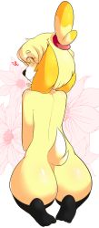 Rule 34 | 1girl, animal crossing, animal ears, ass, black thighhighs, blonde hair, blush, chikkibug, dog ears, dog tail, eyes visible through hair, feet, flower, from behind, full body, furry, furry female, hair ornament, hand up, heart, highres, isabelle (animal crossing), nintendo, nude, seiza, shiny skin, short hair, sitting, smile, solo, tail, thighhighs, third-party edit, white background
