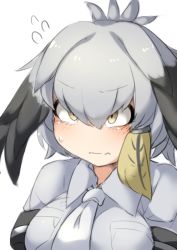 Rule 34 | 10s, 1girl, bird wings, blonde hair, blush, collared shirt, embarrassed, feathered wings, flying sweatdrops, fun bo, grey hair, grey shirt, head wings, kemono friends, long hair, low ponytail, necktie, shirt, shoebill (kemono friends), side ponytail, solo, upper body, wavy mouth, white necktie, wings, yellow eyes