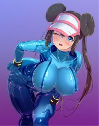 Rule 34 | 1girl, blue bodysuit, blue eyes, blush, bodysuit, bow, breasts, brown hair, covered erect nipples, covered navel, cowboy shot, creatures (company), domoipetti, double bun, game freak, hair bun, highres, impossible bodysuit, impossible clothes, large breasts, latex, latex suit, leaning forward, long hair, looking at viewer, nintendo, one eye closed, open mouth, pokemon, pokemon bw2, rosa (pokemon), shiny clothes, skin tight, smile, solo, twintails, very long hair, visor cap, wink, zero suit