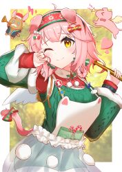 Rule 34 | 1girl, absurdres, arknights, black bracelet, bow, candy, candy cane, cat girl, commentary, english commentary, floppy ears, food, fur-trimmed sleeves, fur trim, goldenglow (arknights), goldenglow (maiden for the bright night) (arknights), green sweater, hair rings, hairband, highres, infection monitor (arknights), instrument, k@bu, official alternate costume, one eye closed, overalls, pink hair, print hairband, red hairband, short hair, smile, solo, sweater, tail, tail bow, tail ornament, trumpet, upper body, white overalls, white wings, wings, yellow eyes