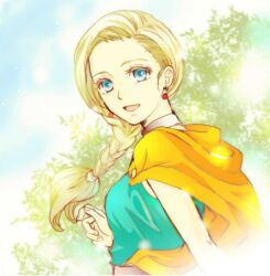 Rule 34 | 1girl, belt, bianca (dq5), blonde hair, blue eyes, blue sky, blurry, blurry background, braid, breasts, cape, cloud, cloudy sky, commentary request, day, dragon quest, dragon quest v, dress, earrings, eyelashes, floating hair, from side, green dress, hair behind ear, jewelry, long hair, looking at viewer, looking back, looking to the side, medium breasts, neck ring, open mouth, orange cape, outdoors, single braid, sky, sleeveless, sleeveless dress, solo, sunlight, swept bangs, tree, upper body, usachu now
