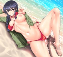 Rule 34 | 10s, 1girl, absurdres, bad id, bad pixiv id, bikini, bikini pull, black hair, blunt bangs, blush, braid, breasts, cameltoe, clothes pull, day, grin, highres, kantai collection, kitakami (kancolle), large breasts, long hair, long sleeves, looking at viewer, lying, meicha, naughty face, navel, nipples, on side, one breast out, pulled by self, purple eyes, red bikini, resized, shiny skin, single braid, smile, solo, swimsuit, teeth, upscaled, water, wet