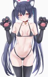Rule 34 | 1girl, absurdres, animal ears, animal hands, bikini, black bikini, black gloves, black thighhighs, blue archive, blue ribbon, blush, closed mouth, commentary request, elbow gloves, gloves, grey background, hair between eyes, hair ribbon, highres, kyureizi, long hair, looking at viewer, paw gloves, red eyes, ribbon, serika (blue archive), simple background, solo, swimsuit, thighhighs, twintails