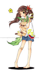 Rule 34 | 1girl, :p, bandaid, barefoot, braid, brown hair, creatures (company), flower, full body, game freak, gen 4 pokemon, green eyes, hair flower, hair ornament, holding, joanna (mojo!), leaf, leafeon, long hair, nintendo, original, poke ball, pokemon, pokemon (creature), simple background, smile, solo, spoken expression, standing, tongue, tongue out, traditional media, twintails, waist poke ball, watermark, web address, white background