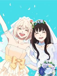 Rule 34 | 2girls, bare shoulders, black hair, blonde hair, blue background, blue flower, blush, bob cut, bouquet, bow, breasts, bridal veil, bride, cleavage, closed eyes, collarbone, commentary, couple, detached collar, dress, elbow gloves, falling petals, female focus, flower, gloves, hair between eyes, hair flower, hair ornament, head wreath, highres, holding, holding bouquet, inoue takina, lace dress, locked arms, long hair, lycoris recoil, medium breasts, multiple girls, nishikigi chisato, off-shoulder dress, off shoulder, open mouth, petals, see-through, see-through sleeves, short hair, simple background, smile, strapless, strapless dress, teeth, upper teeth only, variant set, veil, wedding dress, white gloves, wife and wife, yellow bow, yomo (moo 777 moo), yuri