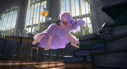Rule 34 | 1girl, absurdres, barefoot, book, coat, crescent, crescent hat ornament, cup, dress, floating, hat, hat ornament, highres, library, long hair, mob cap, patchouli knowledge, purple eyes, purple hair, reading, ryosios, solo, striped clothes, striped dress, tea, teacup, touhou