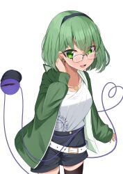 Rule 34 | 1girl, :d, absurdres, alternate costume, arm at side, beanie, belt, bespectacled, black hairband, black thighhighs, blush, bright pupils, cardigan, casual, commentary request, cowboy shot, denim, denim shorts, earrings, eyes visible through hair, glasses, green cardigan, green eyes, green hair, green nails, hair between eyes, hairband, hand up, hat, heart, heart of string, highres, hoop earrings, jewelry, kirisame oreo, komeiji koishi, looking at viewer, nail polish, necklace, no headwear, open cardigan, open clothes, open mouth, shirt, short hair, shorts, simple background, sleeves past wrists, smile, solo, straight hair, thighhighs, third eye, touhou, tsurime, white background, white belt, white shirt, zettai ryouiki