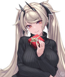 Rule 34 | 1girl, arm under breasts, arm up, ash arms, black ribbon, black sweater, blonde hair, box, breasts, crossed arms, fw190 (ash arms), gift, gift box, headgear, highres, holding, holding box, holding gift, large breasts, long hair, looking at viewer, red eyes, ribbon, rokuwata tomoe, smile, solo, sweater, swept bangs, turtleneck, turtleneck sweater, twintails, upper body, valentine, white background