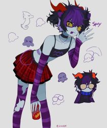 Rule 34 | 1boy, absurdres, aquarius (symbol), arm warmers, black hair, can, cape, chibi, chibi inset, choker, colored sclera, colored skin, drink can, eridan ampora, fins, fish, glasses, grey background, grey skin, head fins, highres, homestuck, horns, iina934, multicolored hair, orange horns, plaid, plaid skirt, scarf, seahorse, short hair, skirt, soda can, streaked hair, striped clothes, striped scarf, striped thighhighs, tank top, thighhighs, torn clothes, trap, troll (homestuck), yellow sclera