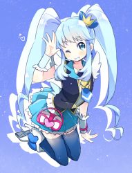 Rule 34 | 10s, 1girl, black thighhighs, blue background, blue eyes, blue hair, blue skirt, blue theme, brooch, crown, cure princess, full body, grin, happinesscharge precure!, heart, heart brooch, jewelry, kanro ame (ameko), kneeling, long hair, magical girl, matching hair/eyes, mini crown, necktie, one eye closed, precure, shirayuki hime, shoes, skirt, smile, solo, thighhighs, twintails, wink, wrist cuffs