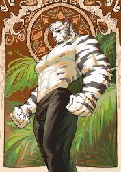 Rule 34 | 1boy, abs, absurdres, animal print, arknights, bara, border, facial scar, furry, furry male, highres, leaf, looking at viewer, male focus, mountain (arknights), pectorals, scar, scar on cheek, scar on face, solo, striped, tiger boy, tiger print, topless male, yingou li de wenyi zhi yuan