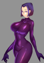 Rule 34 | 1girl, animification, bodysuit, breasts, dc comics, female focus, grey background, highres, large breasts, latex, latex suit, looking at viewer, purple bodysuit, purple eyes, purple hair, raven (dc), short hair, simple background, skin tight, solo, teen titans, wide hips, zxc