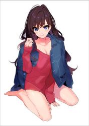 Rule 34 | 10s, 1girl, arm support, bad id, bad twitter id, barefoot, blue eyes, blush, breasts, brown hair, cleavage, full body, homua, ichinose shiki, idolmaster, idolmaster cinderella girls, jacket, jacket on shoulders, long hair, looking at viewer, off shoulder, simple background, sitting, smile, solo, sweater, wariza, white background