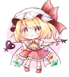 Rule 34 | 1girl, back bow, blonde hair, blush, bobby socks, bow, chibi, closed mouth, collared shirt, crystal, flandre scarlet, frilled shirt collar, frilled skirt, frills, full body, hat, holding, holding polearm, holding weapon, kokochi, laevatein (touhou), large bow, looking at viewer, mary janes, medium hair, mob cap, multicolored wings, one side up, pigeon-toed, polearm, red eyes, red footwear, red skirt, red vest, shirt, shoes, short sleeves, skirt, skirt set, socks, solo, touhou, vest, weapon, white bow, white hat, white shirt, white socks, wings