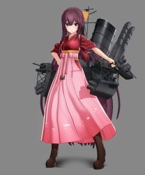 Rule 34 | 10s, 1girl, 3d, boots, bow, brown eyes, brown footwear, full body, grey background, hair bow, hakama, hakama skirt, hand on own hip, highres, japanese clothes, kamikaze (kancolle), kantai collection, long hair, looking at viewer, pink hakama, pomp-chou, ponpu-chou, purple hair, simple background, skirt, solo, very long hair, yellow bow
