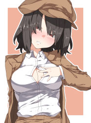Rule 34 | 1girl, absurdres, black hair, blouse, blush, breasts, buttons, cabbie hat, cleavage, collared shirt, forbidden scrollery, hand on own chest, hat, head tilt, highres, kz oji, long sleeves, looking at viewer, medium breasts, open clothes, open shirt, paizuri invitation, red eyes, shameimaru aya, shameimaru aya (newsboy), shirt, smile, solo, touhou, two-tone background, upper body, white shirt, wing collar