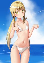 Rule 34 | amano miyako, bare arms, belly, bikini, blonde hair, blush, bow, bow bikini, breasts, closed mouth, cloud, collarbone, day, feet out of frame, gluteal fold, hair between eyes, hands up, kantai collection, legs together, long hair, looking at viewer, midriff, navel, ocean, outdoors, ribbon, satsuki (kancolle), sky, small breasts, smile, standing, swimsuit, thigh gap, twintails, wet, white bikini, yellow eyes
