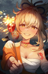 Rule 34 | 1girl, absurdres, arm tattoo, bandaged arm, bandages, blonde hair, blue ribbon, blurry, blurry foreground, blush, breasts, brown eyes, bug, butterfly, choker, cleavage, collarbone, commentary request, evening, genshin impact, grin, hair between eyes, hair ribbon, half updo, highres, holding, insect, japanese clothes, jewelry, kimono, long hair, looking at viewer, medium breasts, moguta (moguta9), orange kimono, pendant, red choker, ribbon, sarashi, smile, solo, tattoo, upper body, yoimiya (genshin impact)