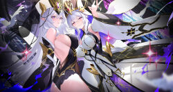 Rule 34 | 2girls, absurdres, breasts, character request, cryptract, detached sleeves, hat, highres, large breasts, long hair, looking at viewer, miqilinfeizainie, mitre, multiple girls, outstretched arm, pointy ears, priest, purple eyes, sideboob, very long hair, white hair
