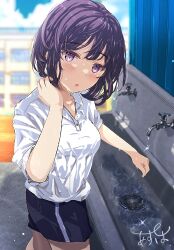 1girl :o black_hair black_shorts blush bob_cut collared_shirt commentary_request cowboy_shot faucet fushimi_asuha gym_uniform highres looking_at_viewer open_mouth original outdoors polo_shirt purple_eyes shirt short_hair short_sleeves shorts signature sink solo white_shirt