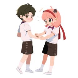 Rule 34 | 1boy, 1girl, anya (spy x family), applying bandaid, bad id, bad twitter id, bandaid, bandaid on hand, black hair, black shorts, blush, child, closed mouth, collared shirt, damian desmond, embarrassed, frown, green eyes, gym uniform, hair ornament, hairpods, headband, highres, holding bandaid, looking at viewer, medium hair, open mouth, pink hair, red headband, shirt, shoes, short hair, shorts, simple background, socks, spy x family, standing, takamizo, white background, white footwear, white shirt, white socks, yellow eyes
