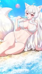 Rule 34 | 1girl, absurdres, ahoge, animal ear fluff, animal ears, arm support, artist name, beach, bikini, blue sky, blush, breasts, cleavage, cloud, commentary, dadamyu, eating, food, hair ornament, highres, holding, holding food, holding popsicle, large breasts, long hair, ocean, original, outdoors, popsicle, red eyes, sitting, sky, solo, swimsuit, symbol-only commentary, tail, white bikini, white hair, x hair ornament