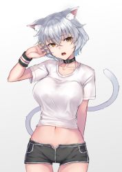Rule 34 | 1girl, animal ear fluff, animal ears, black choker, black shorts, bra strap, breasts, cat ears, cat girl, cat tail, choker, collarbone, cowboy shot, crop top, green nails, groin, halterneck, hand up, large breasts, looking at viewer, midriff, nail polish, navel, open fly, open mouth, orange eyes, original, ryuinu, shirt, short hair, short shorts, short sleeves, shorts, silver hair, simple background, solo, spaghetti strap, standing, stomach, sweatband, tail, white background, white shirt