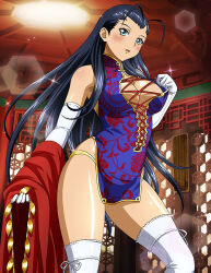 Rule 34 | 1girl, alternate costume, black hair, blue dress, blue eyes, blush, breasts, china dress, chinese clothes, cleavage, dress, elbow gloves, floating hair, gloves, hair intakes, ikkitousen, indoors, kakouen myousai, large breasts, long hair, looking at viewer, looking down, open mouth, red ribbon, revealing clothes, ribbon, shiny skin, short dress, sleeveless, sleeveless dress, solo, standing, straight hair, thighhighs, very long hair, wavy mouth, white gloves, white thighhighs