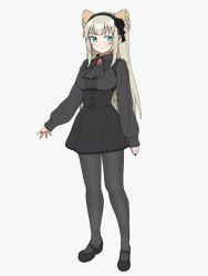 Rule 34 | 1girl, animal ears, arm at side, ascot, atelier fraulein, black footwear, black hairband, black nails, blonde hair, braid, breasts, closed mouth, collared shirt, extra ears, fingernails, full body, grey ascot, grey pantyhose, grey shirt, grey skirt, hairband, high-waist skirt, highres, legs apart, lion ears, long hair, long sleeves, looking at viewer, mary janes, medium breasts, nail polish, okunin, pantyhose, shidou lio, shirt, shoes, simple background, skirt, sleeves past wrists, smile, solo, standing, straight hair, very long hair, virtual youtuber, white background