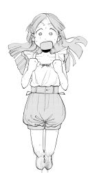 Rule 34 | 1girl, clenched hands, collarbone, floating hair, frills, full body, gakuen idolmaster, gathers, greyscale, hands up, high-waist shorts, highres, idolmaster, jumping, kuramoto china, looking at viewer, monochrome, motion lines, nervous sweating, open mouth, parted bangs, puffy shorts, scoop neck, screentones, shirt tucked in, short sleeves, shorts, simple background, solo, sweat, uchu nabe, v-shaped eyebrows, wide-eyed