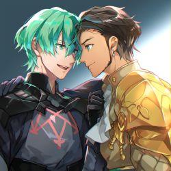Rule 34 | 2boys, :d, aqua eyes, aqua hair, arm around shoulder, armor, ascot, black gloves, brown hair, byleth (fire emblem), byleth (male) (fire emblem), claude von riegan, closed mouth, dark-skinned male, dark skin, earrings, fire emblem, fire emblem: three houses, gloves, gold armor, green eyes, grey background, hair between eyes, highres, jewelry, long sleeves, looking at another, male focus, multiple boys, nintendo, open mouth, shiroi (shiroicbe), short hair, shoulder armor, sideburns, smile, two-tone background, upper body, white ascot, white background