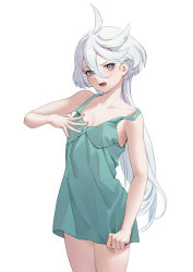 Rule 34 | 1girl, absurdres, bare shoulders, breasts, cleavage, collarbone, gundam, gundam suisei no majo, hair between eyes, hand on own chest, highres, light blush, long hair, looking at viewer, lower teeth only, mian li, miorine rembran, nightgown, open mouth, simple background, small breasts, teeth, white background