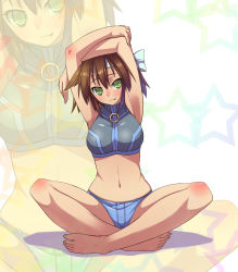 Rule 34 | 1girl, akutsu, arms up, barefoot, blush, breasts, brown hair, cosplay, crossed arms, fang, green eyes, hairband, highres, indian style, kusakabe misao, large breasts, legs, lucky star, lyrical nanoha, mahou shoujo lyrical nanoha, mahou shoujo lyrical nanoha strikers, navel, short hair, sitting, smile, solo, subaru nakajima, subaru nakajima (cosplay)