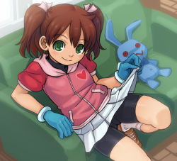 Rule 34 | 1girl, bike shorts, bike shorts under skirt, blue gloves, blush, brown hair, clothes lift, couch, gloves, green eyes, green upholstery, saru getchu, sayaka (saru getchu), short twintails, shorts, shorts under skirt, sitting, skirt, skirt lift, socks, solo, stuffed animal, stuffed rabbit, stuffed toy, stupa13a, twintails