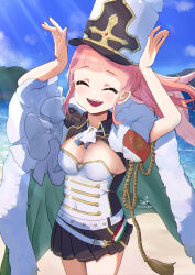 Rule 34 | 1girl, :d, absurdres, aiguillette, azur lane, beach, blunt bangs, braid, breasts, cape, cleavage, closed eyes, covered navel, cowboy shot, echo (lowlow808), epaulettes, fringe trim, fur-trimmed cape, fur trim, green cape, hands up, hat, highres, impossible clothes, italian flag, light blush, long hair, military hat, miniskirt, ocean, open mouth, outdoors, pink hair, pleated skirt, pompeo magno (azur lane), sidelocks, signature, skirt, sky, small breasts, smile, solo, standing, twitter username, water, white hat