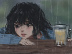 Rule 34 | 1girl, black eyes, black hair, blue sweater, closed mouth, cup, gohpot, hair between eyes, hand on table, head rest, lips, long sleeves, looking to the side, makeup, mascara, original, rain, runny makeup, sad, smeared mascara, solo, sweater