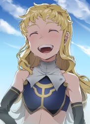 Rule 34 | 1girl, alternate hairstyle, armor, bare shoulders, blonde hair, blue armor, blue sky, closed eyes, cloud, flat chest, highres, long hair, midriff, mika returna, open mouth, outdoors, sky, solo, teeth, tongue, touniyuu, under night in-birth, under night in-birth exe:late[st], upper body, upper teeth only, wet