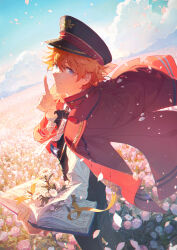 Rule 34 | 1boy, akehoshi subaru, black pants, blue eyes, book, closed mouth, cloud, commentary request, ensemble stars!, flower, hat, high collar, highres, holding, holding book, index finger raised, long sleeves, looking at viewer, military hat, official alternate costume, open book, orange hair, pants, petals, pink flower, rella, ribbon, short hair, sideways glance, solo, white flower, yellow ribbon