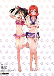 Rule 34 | 2girls, bare shoulders, barefoot, bikini, black hair, breasts, cleavage, flat chest, full body, highres, looking back, love live!, love live! school idol project, m/, medium hair, multiple girls, musical note, musical note background, navel, nishikino maki, ootomo takuji, purple eyes, red eyes, red hair, small breasts, standing, stomach, swimsuit, twintails, yazawa nico